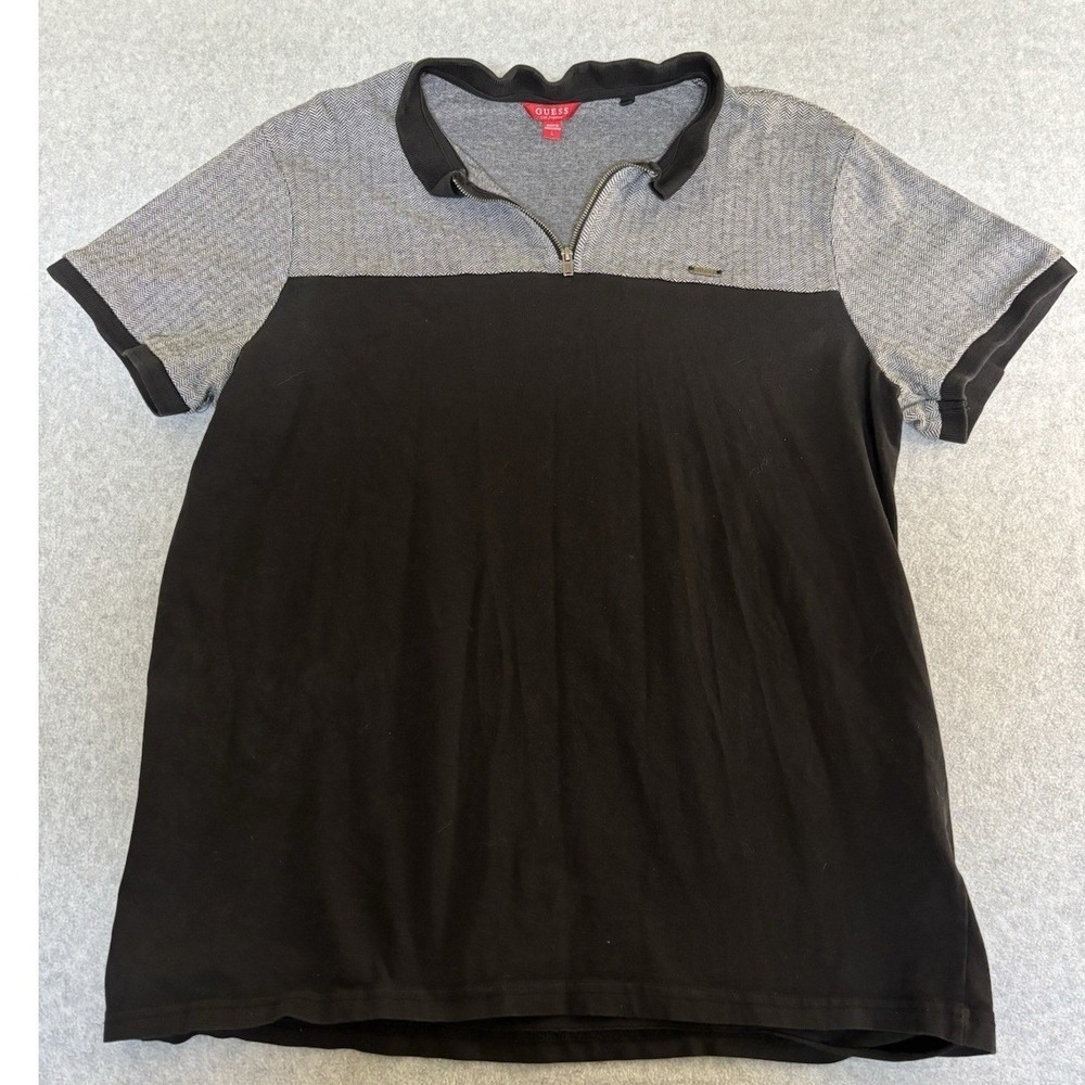 Guess Size Large Men's Polo Short Shirt 1/4 Zip Up Black/Grey Knit Pattern
